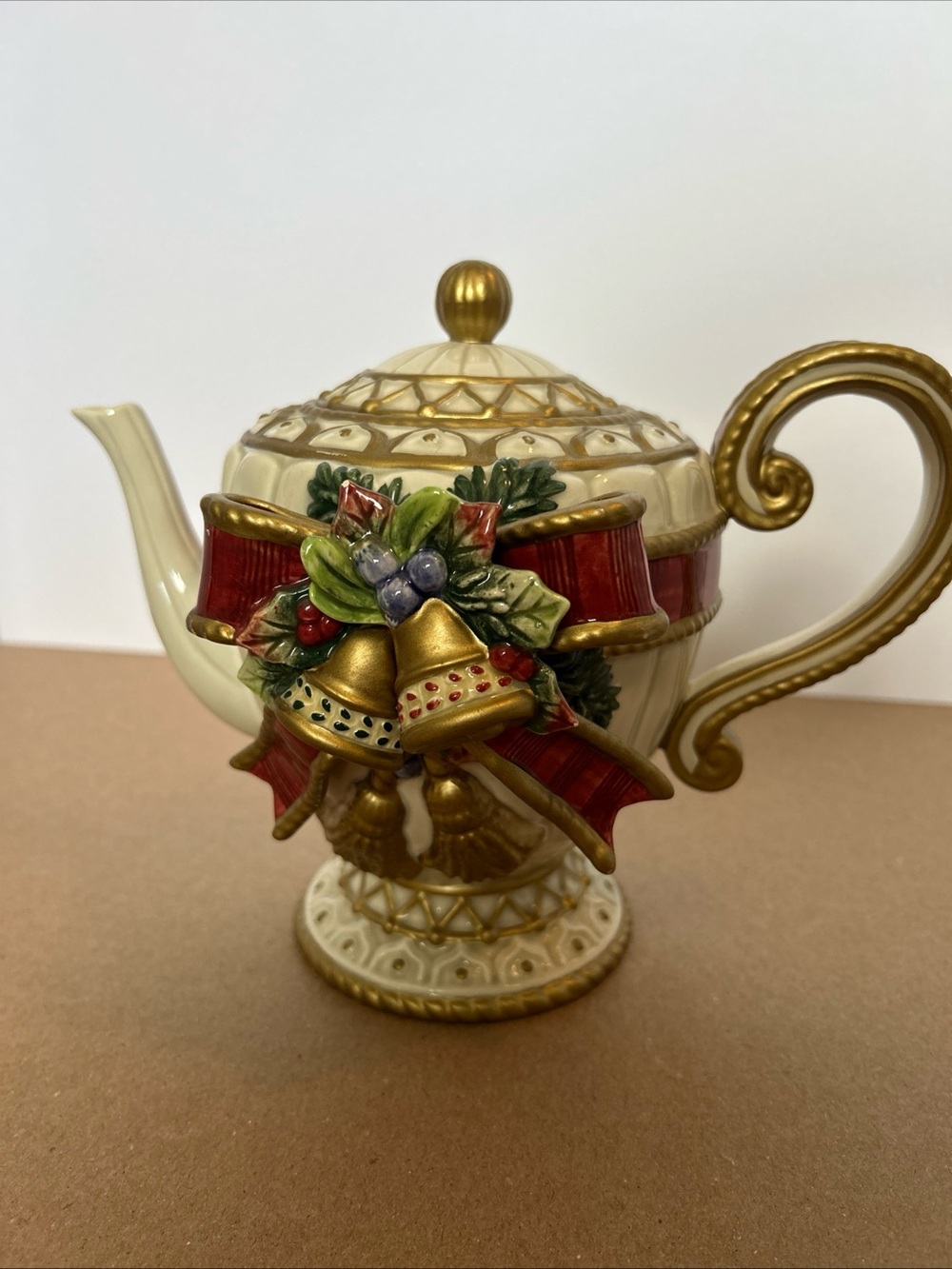 Fitz and Floyd Holiday Bell Teapot in Cream, Red and Gold